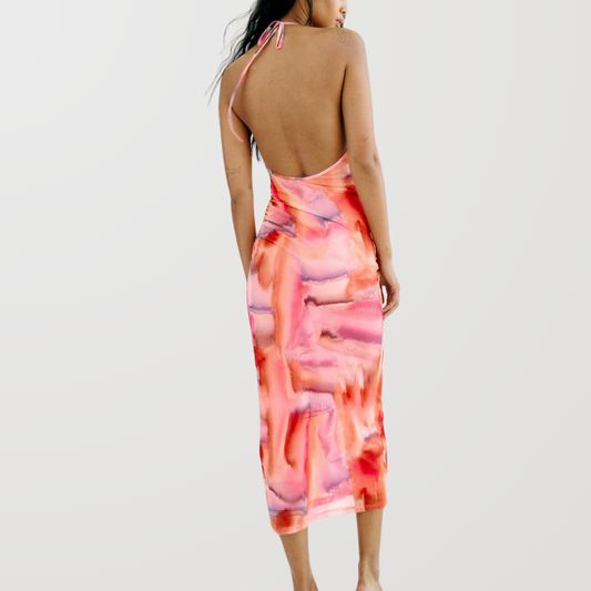 Ombre Halter Neck Ruched Midi Dress