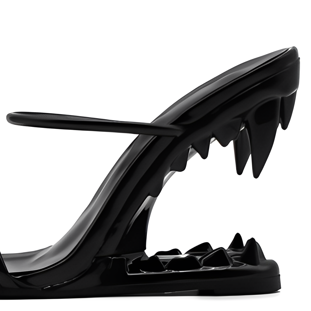 Black Patent Leather High Heeled Fang Sandals