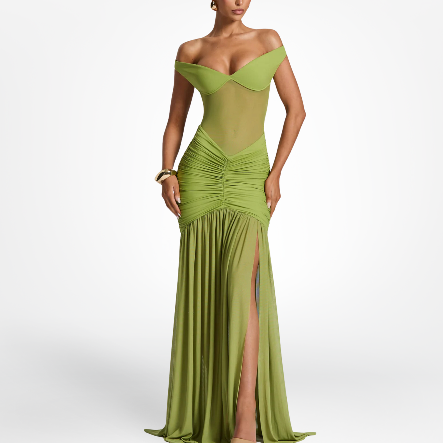 Olive Green Off-Shoulder Gown with High Slit