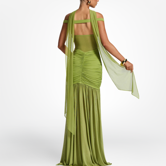 Olive Green Off-Shoulder Gown with High Slit