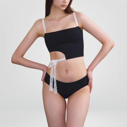 Black Asymmetric Cutout Tankini with Lace Tie