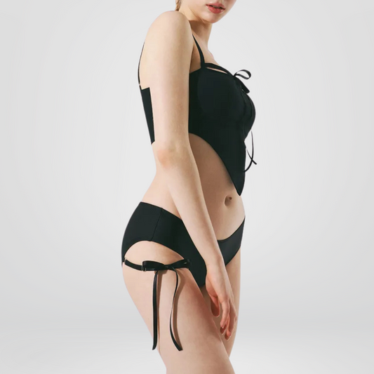 Black Asymmetrical Tankini Set with Tie Detail