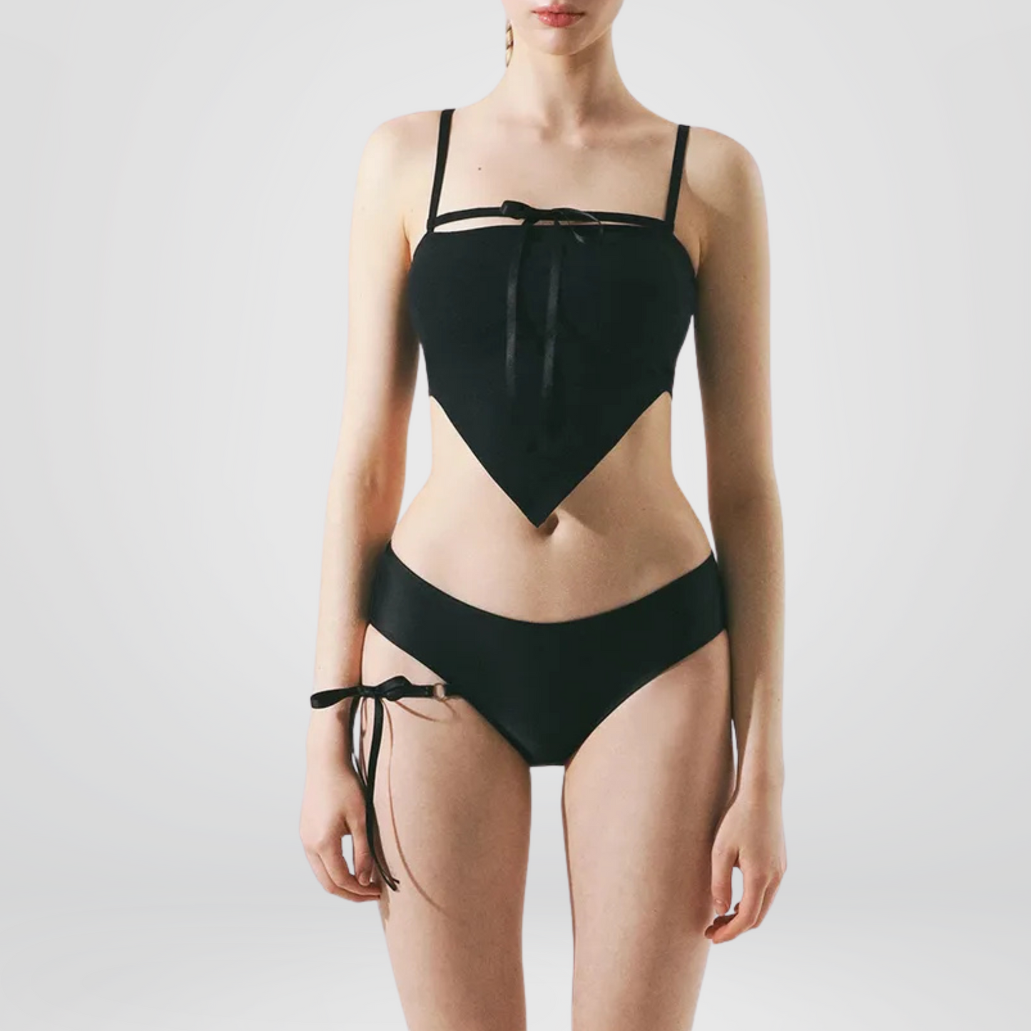 Black Asymmetrical Tankini Set with Tie Detail