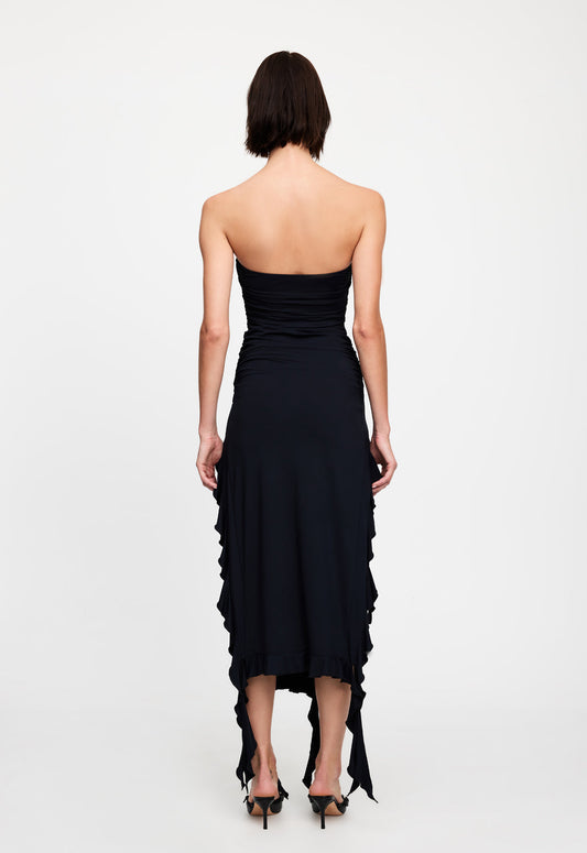 Black Rushed Strapless Midi Dress