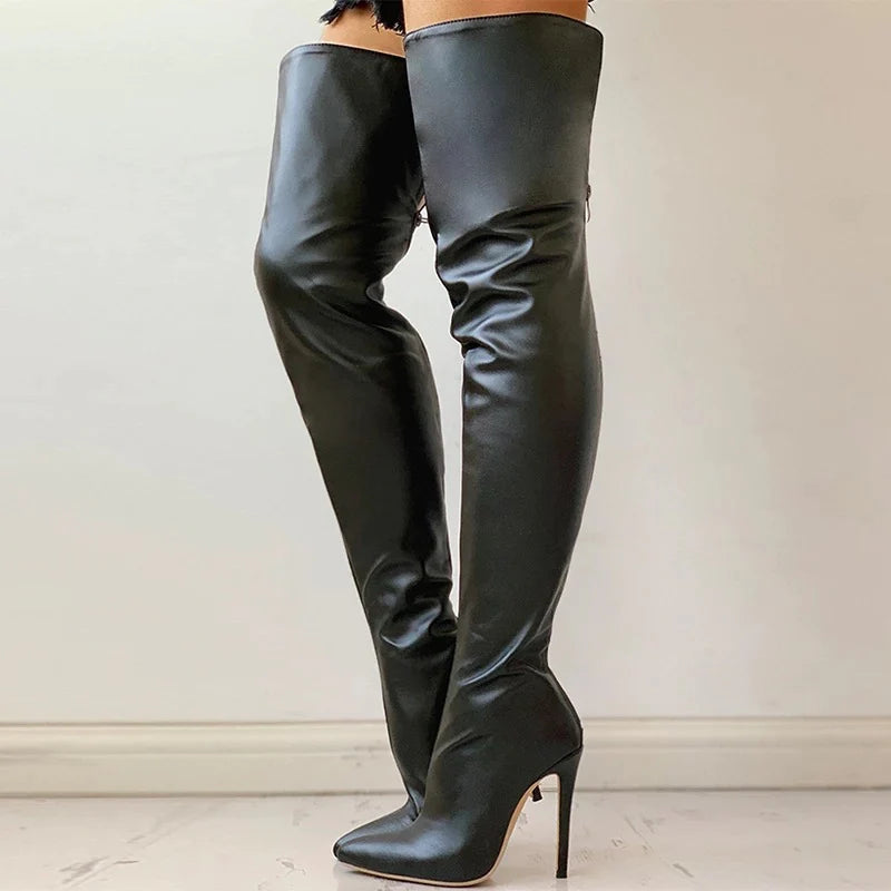 Black Leather Over The Knee Boots