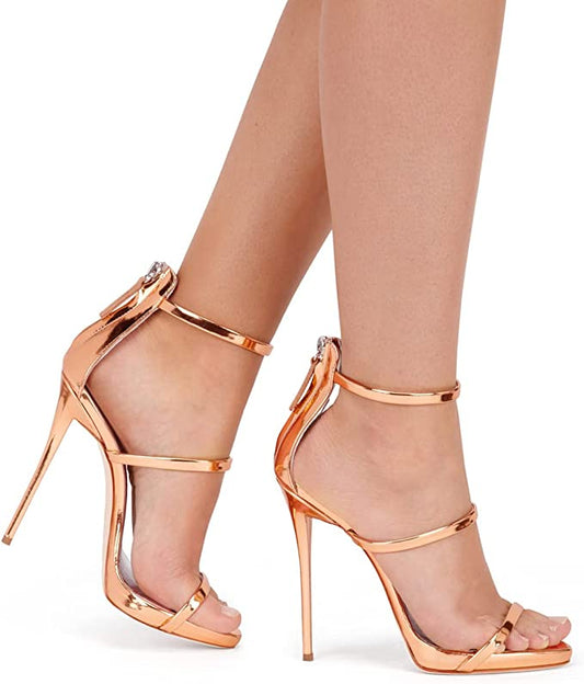 Rose Gold Metallic Triple Strap Stiletto Heel Sandals