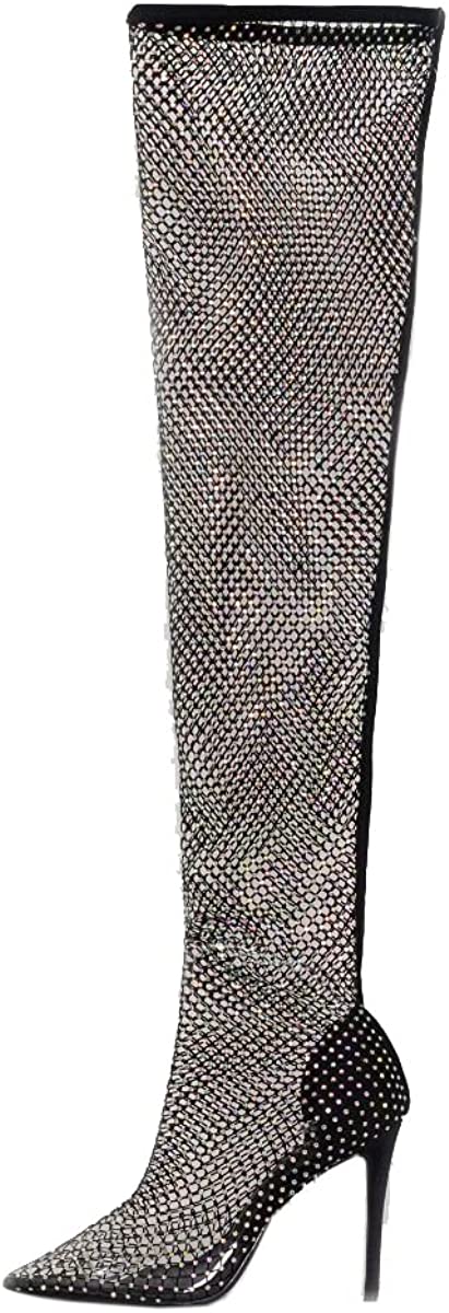 Rhinestone Fishnet Thigh High Boots
