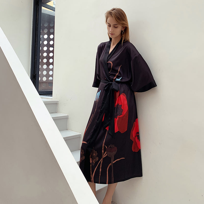 Black Women's Light Luxury Silky Satin Kimono Robe