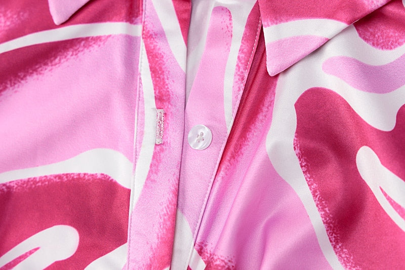 Pink Swirl Ruched Long Sleeve Midi Shirt Dress