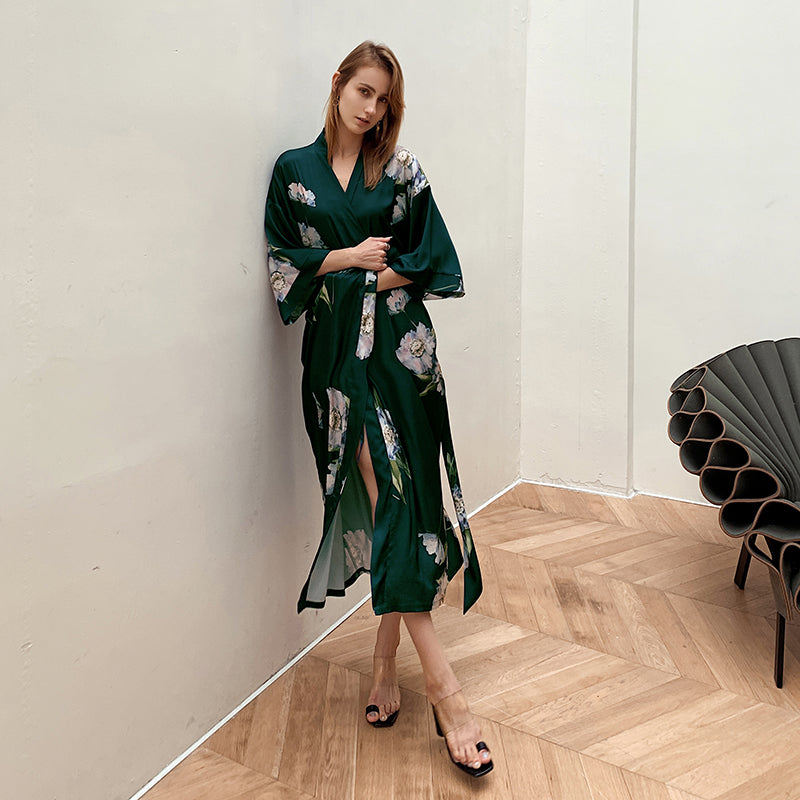 Green Women's Light Luxury Silky Satin Kimono Robe