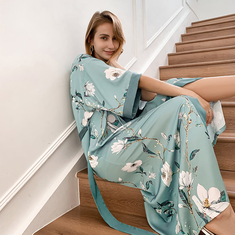 Frosty Green Mint Women's Light Luxury Silky Satin Kimono Robe