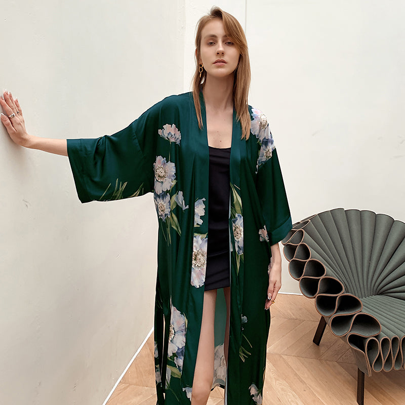 Green Women's Light Luxury Silky Satin Kimono Robe