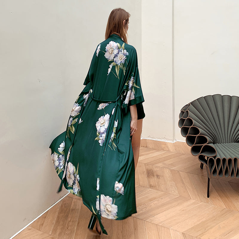 Green Women's Light Luxury Silky Satin Kimono Robe