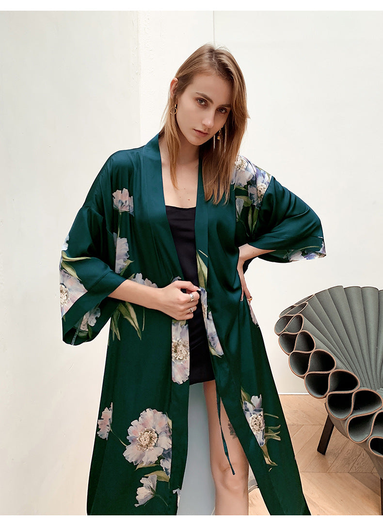Green Women's Light Luxury Silky Satin Kimono Robe