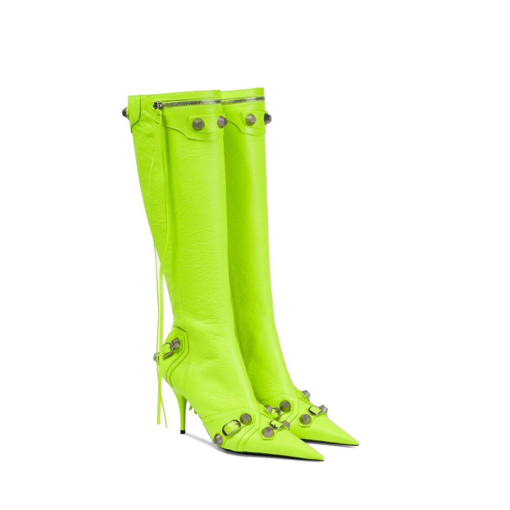 Neon Green Cagole High Fashion buckles Knee High Boots ADONIS