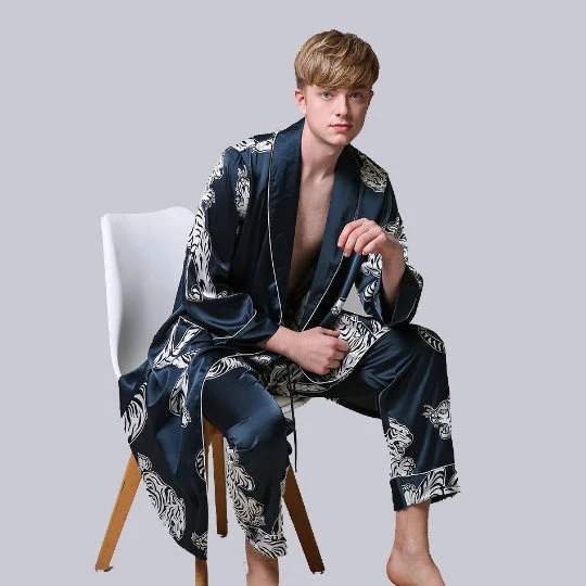 Silky Satin Mens Animal Print Robe and Pant Set ADONIS BOUTIQUE