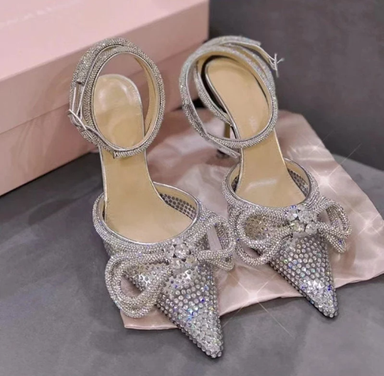 Crystal-embellished Heeled Sandals In Silver With Double Bows