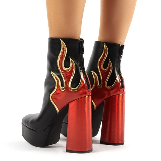 Red Flames Black Platform Retro Style Ankle Boots
