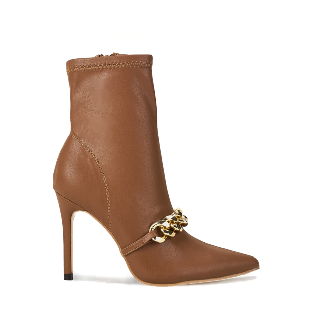 Gold Chain Detail Pointed Toe Ankle Brown Boots ADONIS BOUTIQUE
