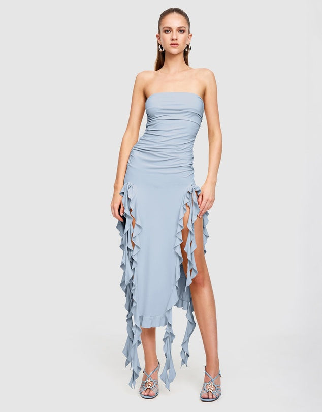 Light Blue Rushed Strapless Midi Dress
