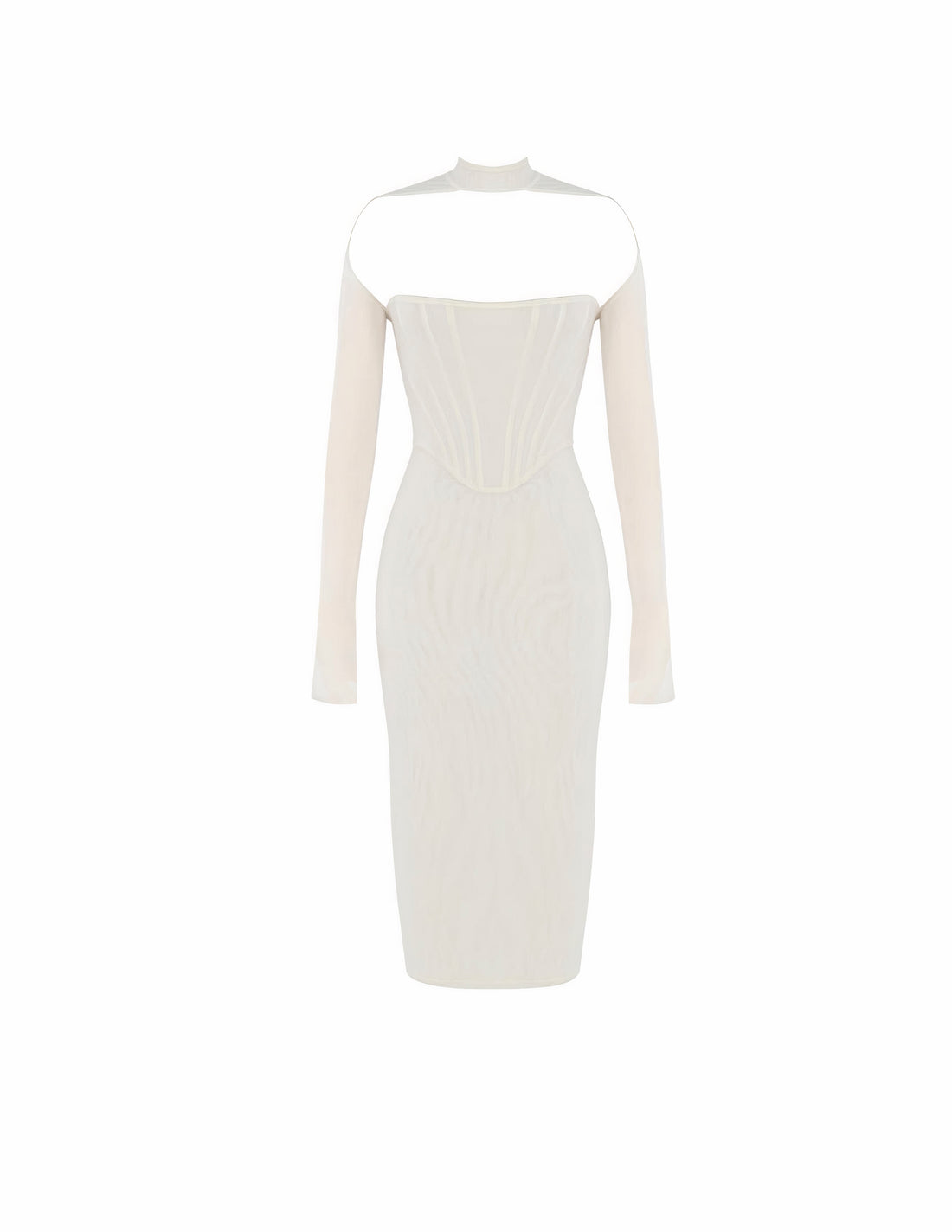 White Long Sleeve Mesh Corset Cocktail Midi Dress