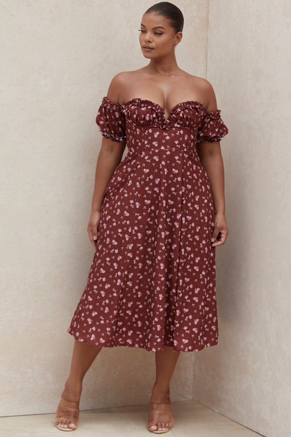 Burgundy Off The Shoulder Cottagecore Dress