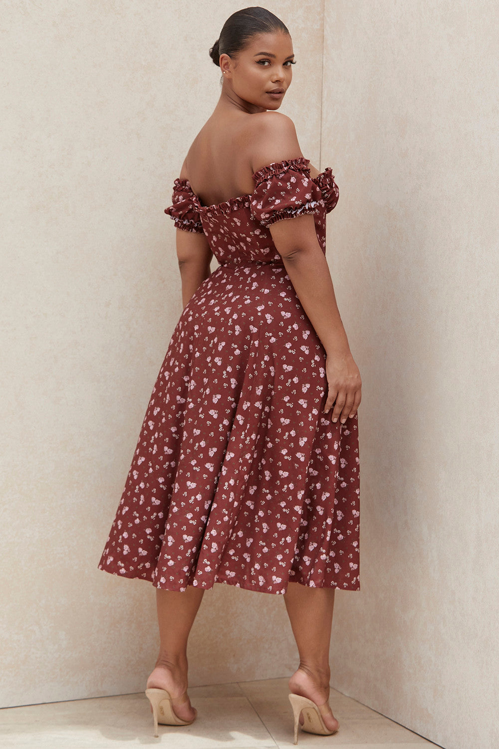 Burgundy Off The Shoulder Cottagecore Dress