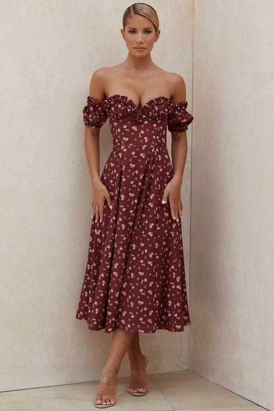 Burgundy Off The Shoulder Cottagecore Dress