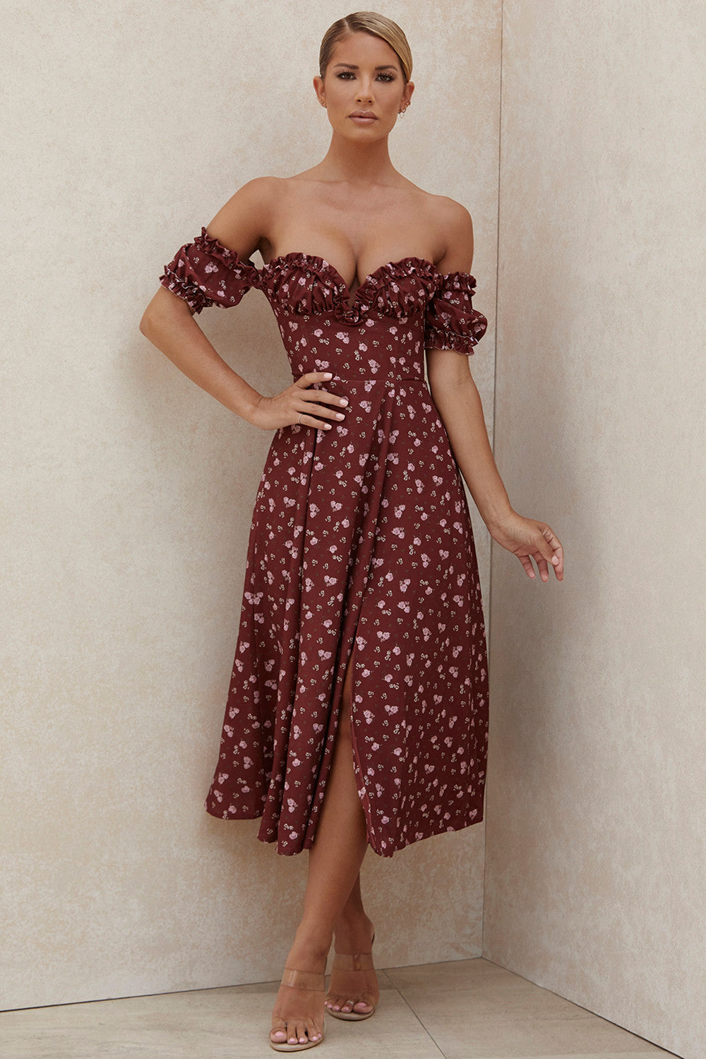 Burgundy Off The Shoulder Cottagecore Dress