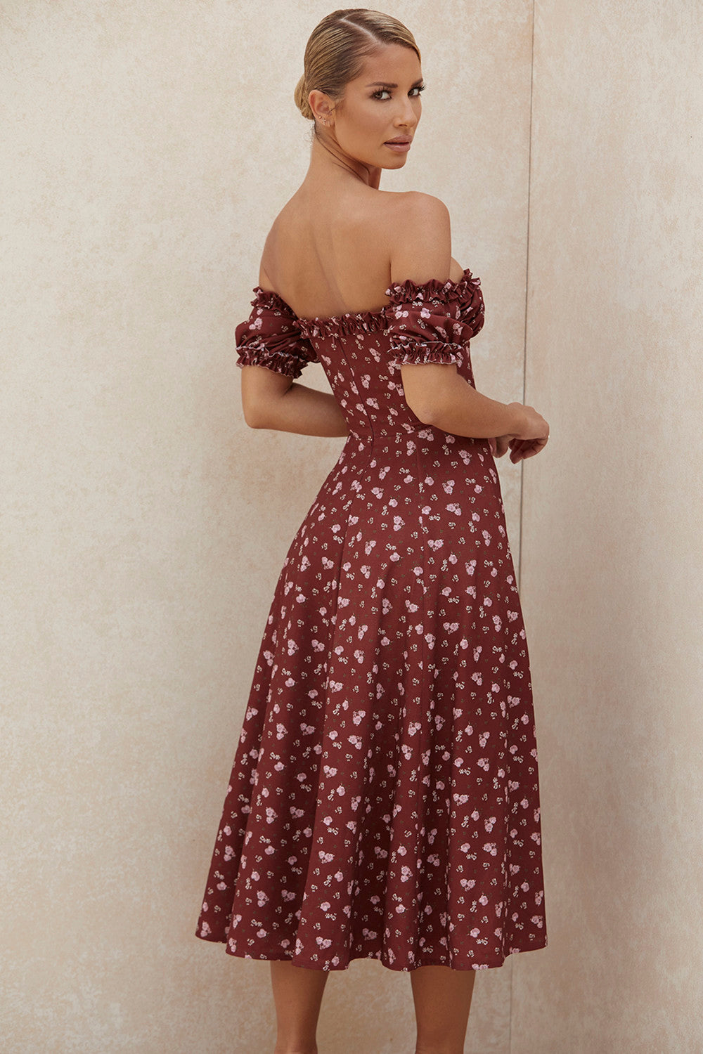 Burgundy Off The Shoulder Cottagecore Dress