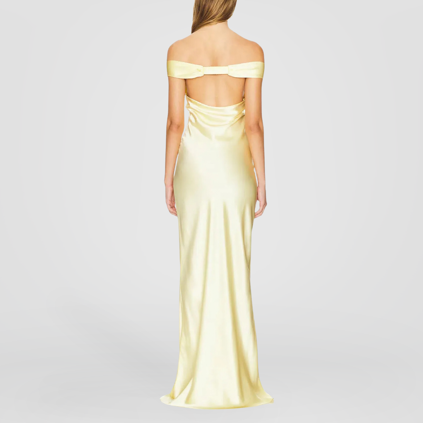 Pastel Yellow Off-Shoulder Satin Maxi Dress