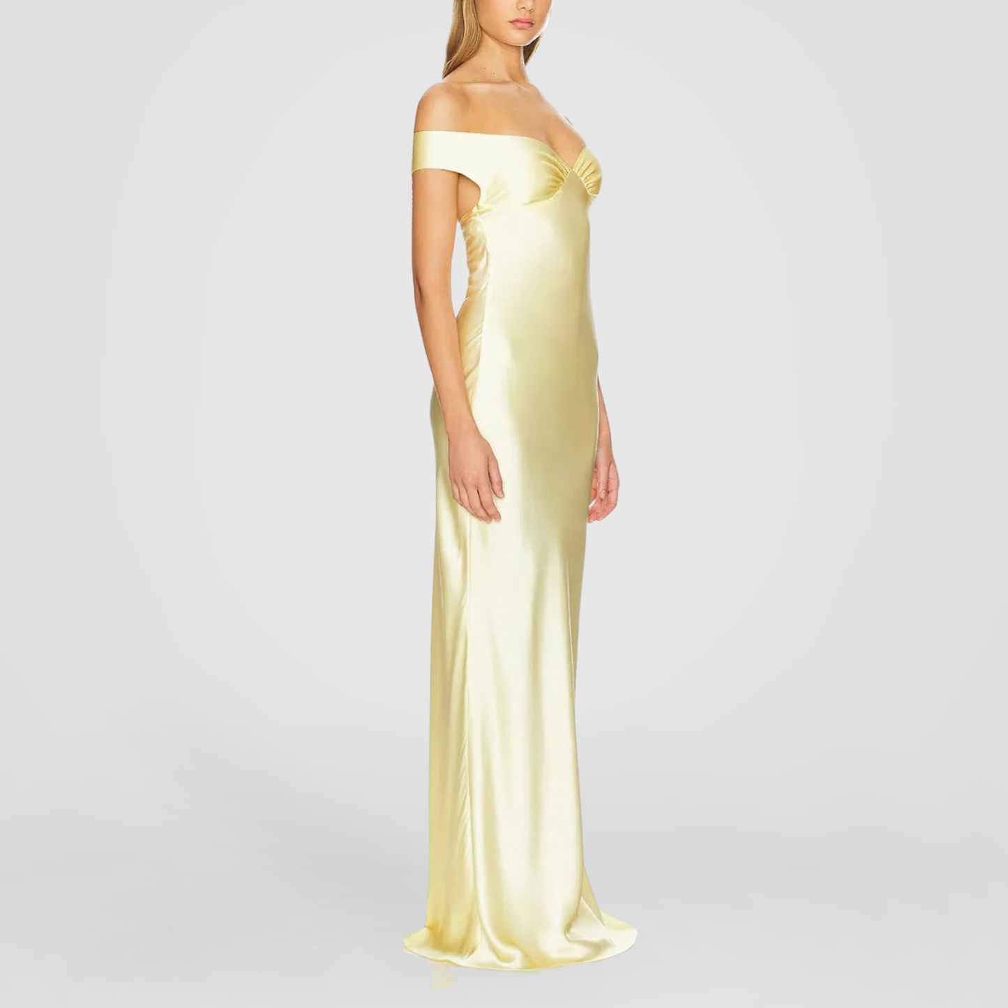 Pastel Yellow Off-Shoulder Satin Maxi Dress