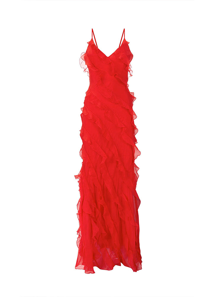 Red Side Slit Backless Maxi Dress With Ruffle Detail