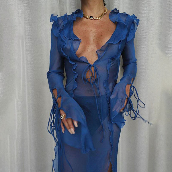 Blue Sheer Maxi Cover Up Dress With Ruffle Details – ADONIS BOUTIQUE Blue Sheer Maxi Cover Up Dress With Ruffle Details – ADONIS BOUTIQUE