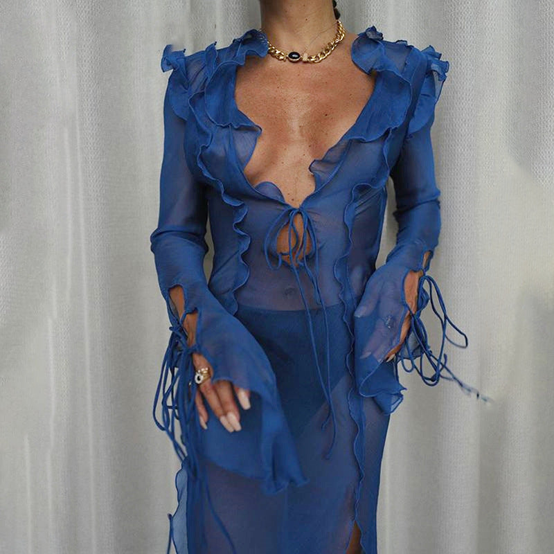 Blue Sheer Maxi Cover Up Dress With Ruffle Details