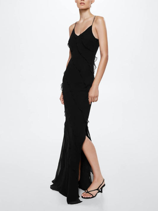 Black Side Slit Backless Maxi Dress With Ruffle Detail