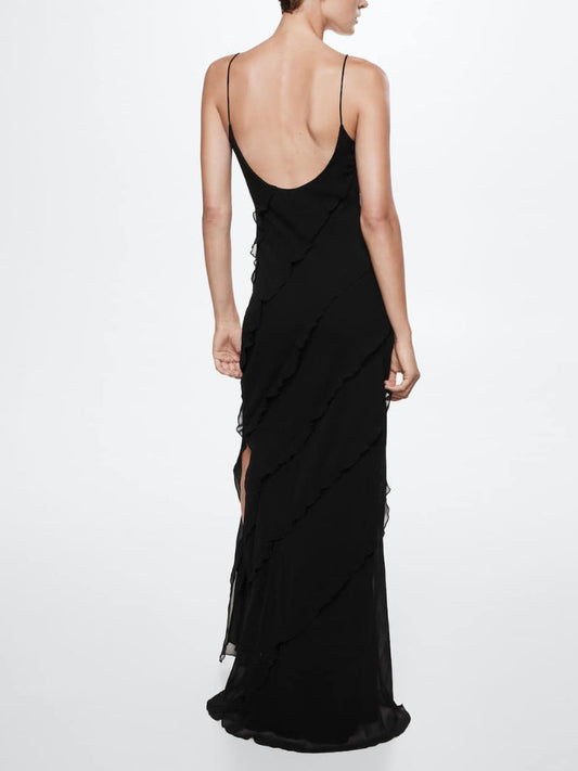 Black Side Slit Backless Maxi Dress With Ruffle Detail