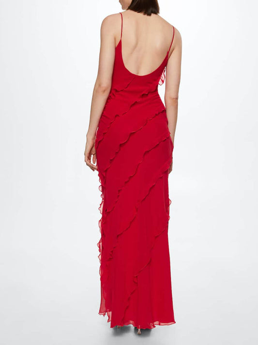 Red Side Slit Backless Maxi Dress With Ruffle Detail