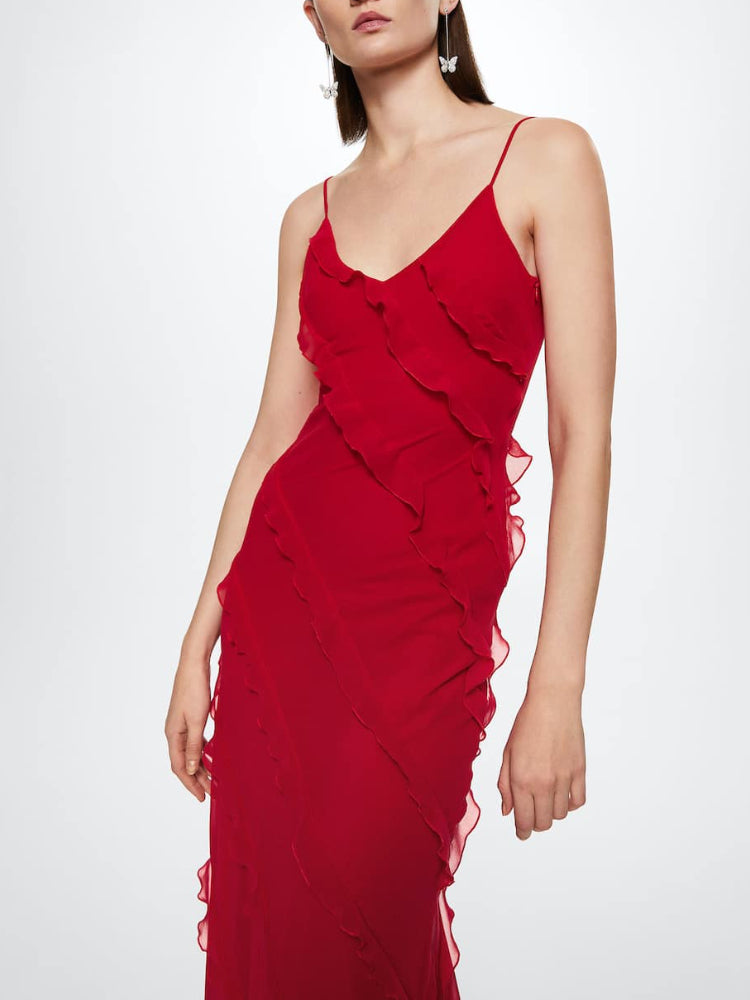 Red Side Slit Backless Maxi Dress With Ruffle Detail