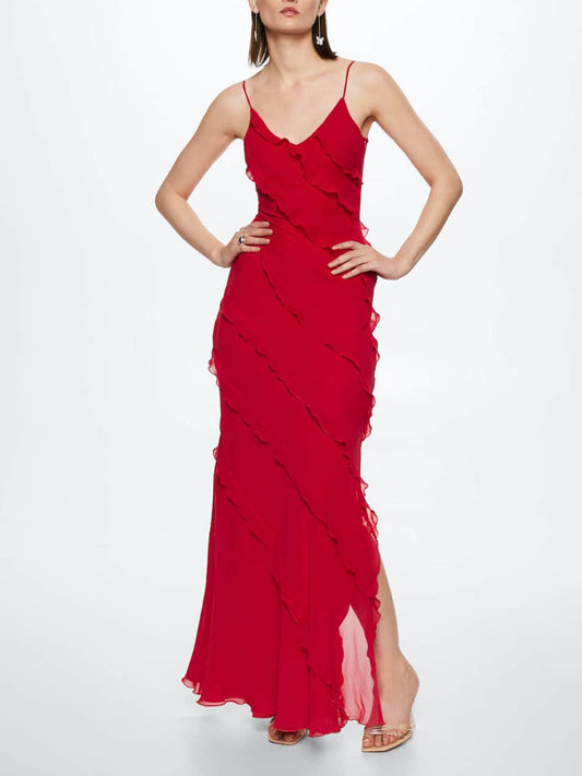 Red Side Slit Backless Maxi Dress With Ruffle Detail