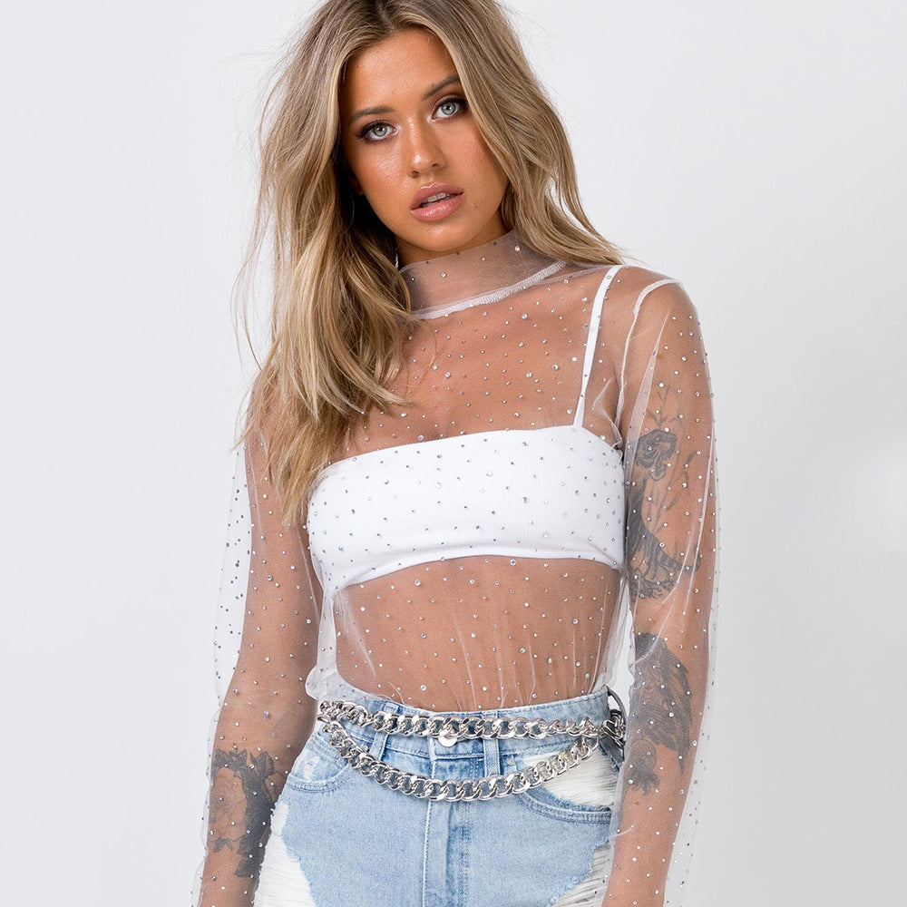 White Daring See-through Rhinestoned Top