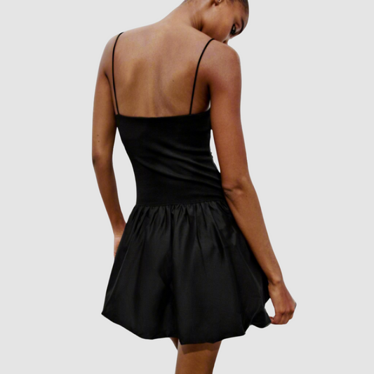 Black Contrast Ribbed Puff Skirt Dress