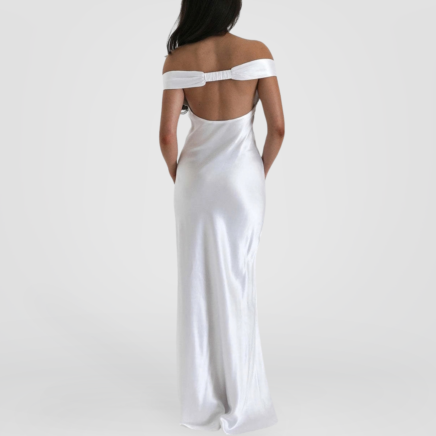 Ivory Off-Shoulder Satin Maxi Dress