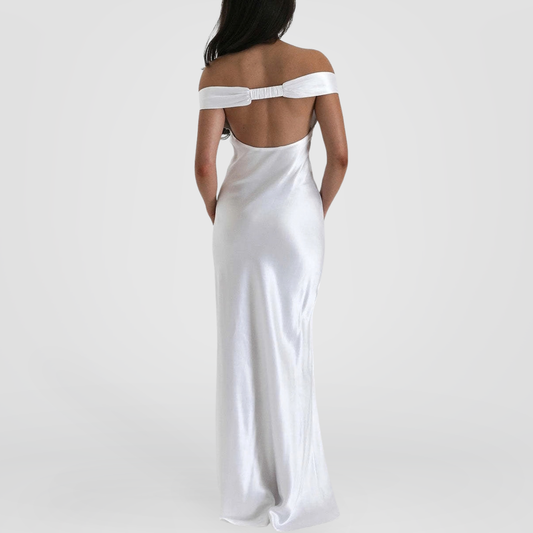Ivory Off-Shoulder Satin Maxi Dress