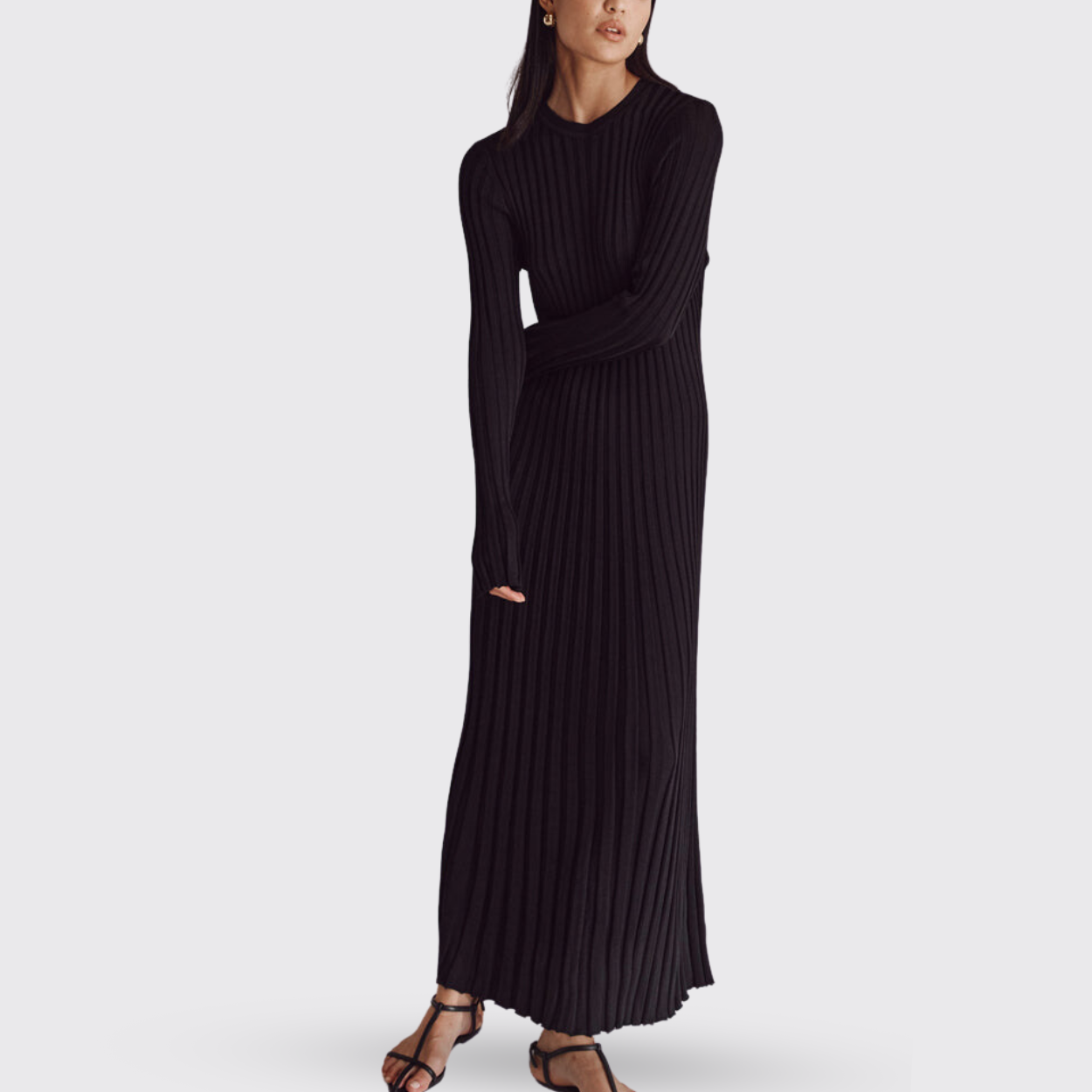 Black Long Sleeve Knit Midi Dress