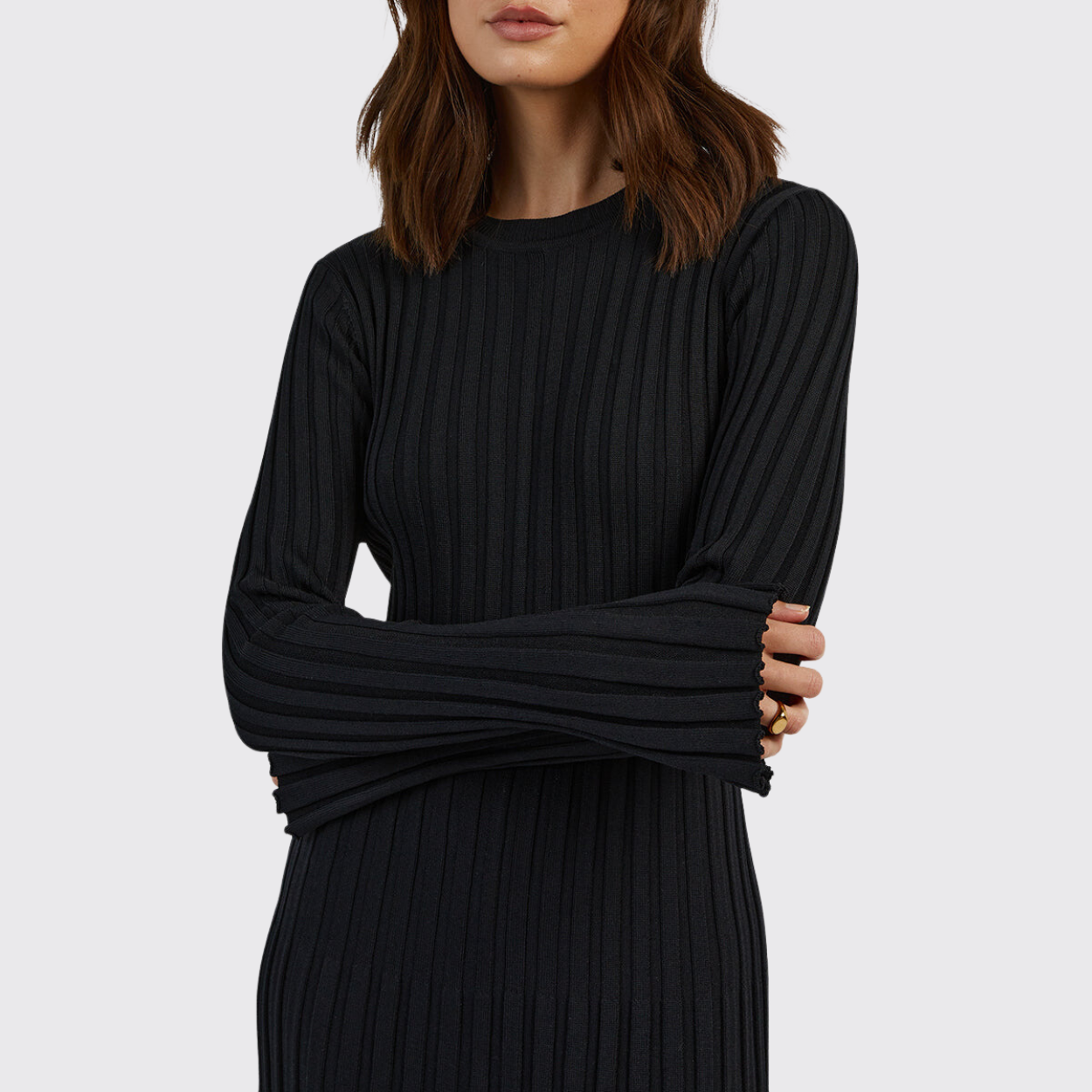 Black Long Sleeve Knit Midi Dress