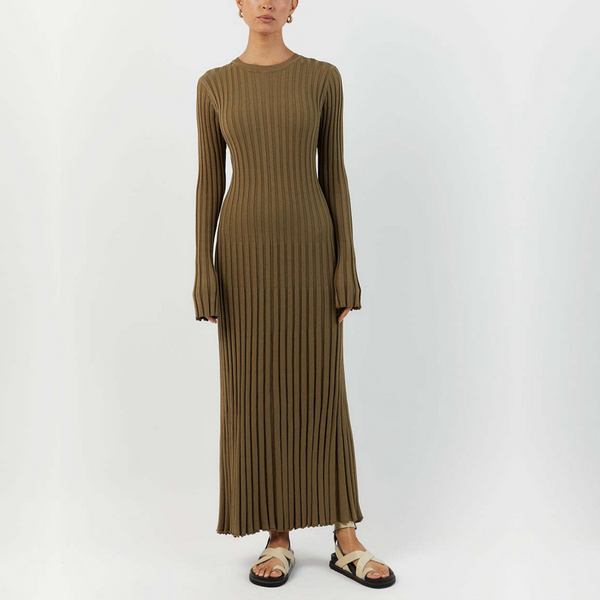 brown midi wedding guest dress Mariel Long Sleeve Knit Mini Dress Beige main image 0
