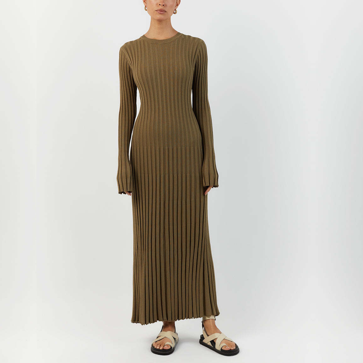 Brown Long Sleeve Knit Midi Dress