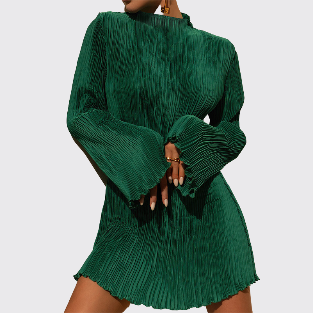 Emerald Green Long Sleeve Pleated Mini Dress