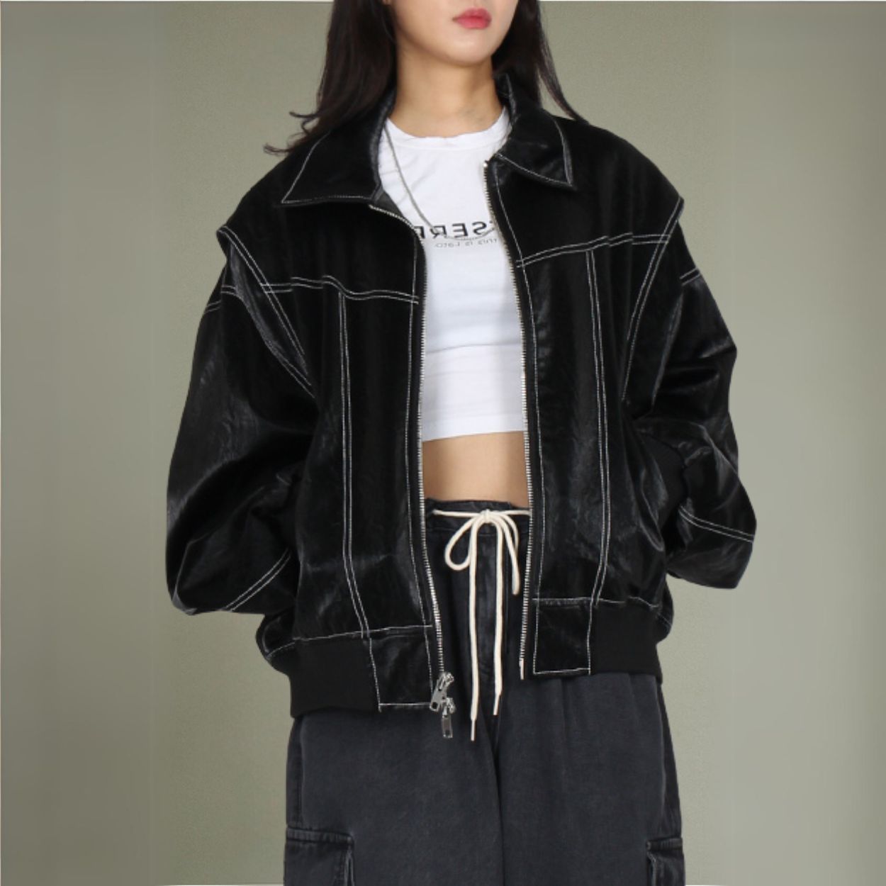 Black Contrast Stitch Leather Bomber Jacket – ADONIS BOUTIQUE
